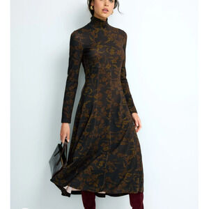 Tanya Taylor Black Floral Midi Dress LARGE Mockneck Fit Flare Work Designer $545